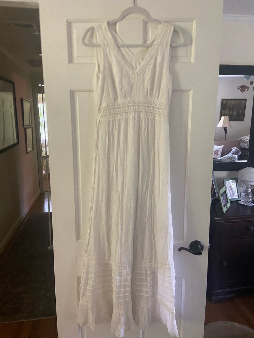 Blue Bird White V-Neck Crochet Waist Maxi Dress